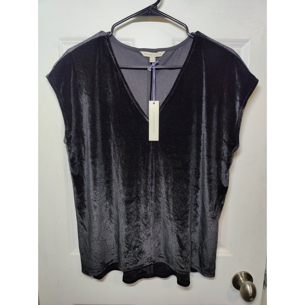 41 Hawthorne‎ Velvet Black Cap-Sleeve V-Neck Stretch Pullover Top L NWT